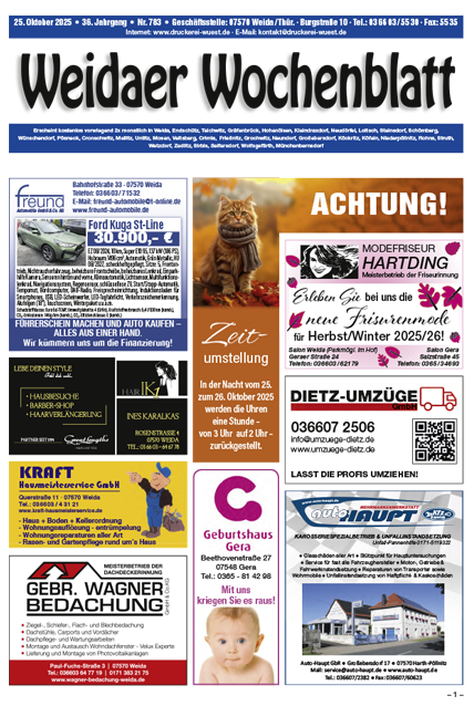 Titel der aktuellen Ausgabe des Weidaer Wochenblatts