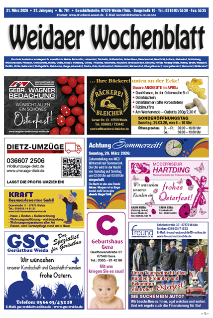 Titel der aktuellen Ausgabe des Weidaer Wochenblatts