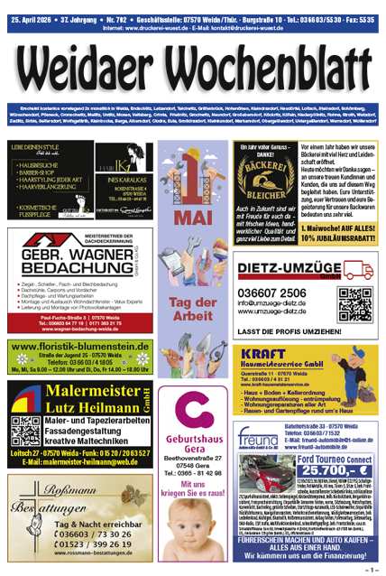 Titel der aktuellen Ausgabe des Weidaer Wochenblatts