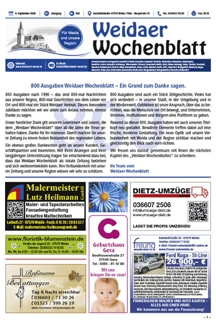 Titel der aktuellen Ausgabe des Weidaer Wochenblatts